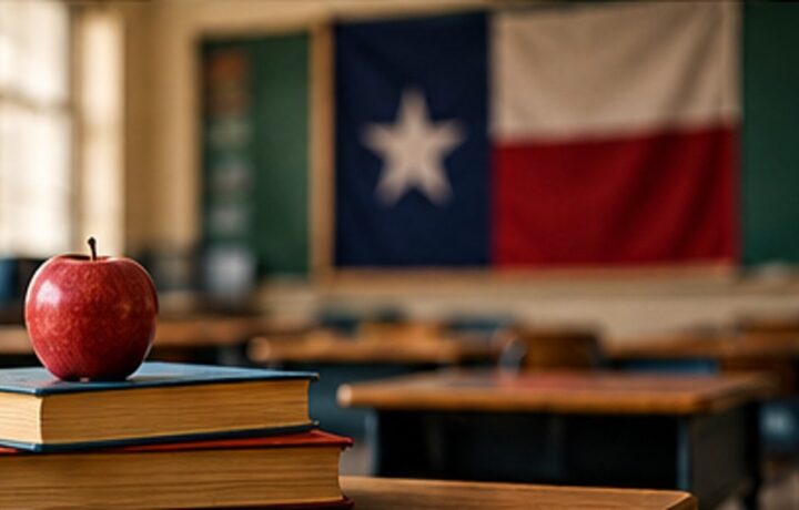 Books and apple in a classroom