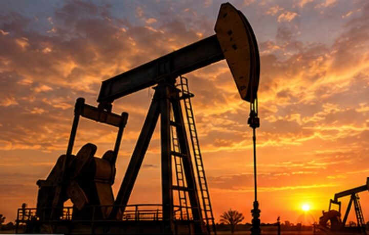 Oil pumpjacks in a Texas landscape at sunset