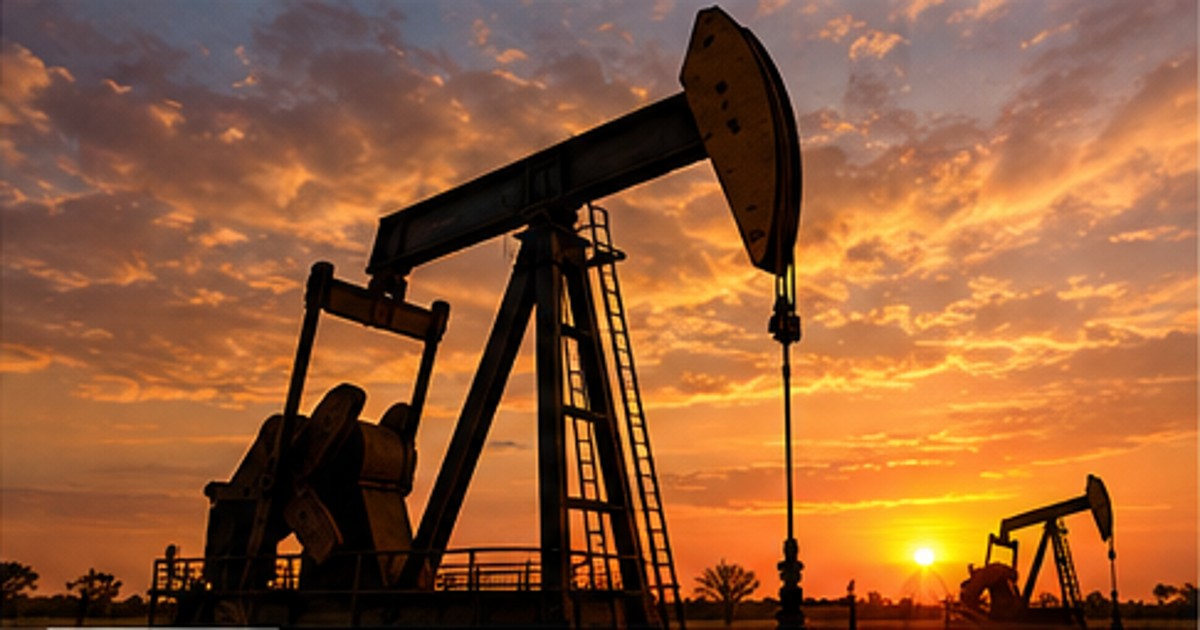 Oil pumpjacks in a Texas landscape at sunset